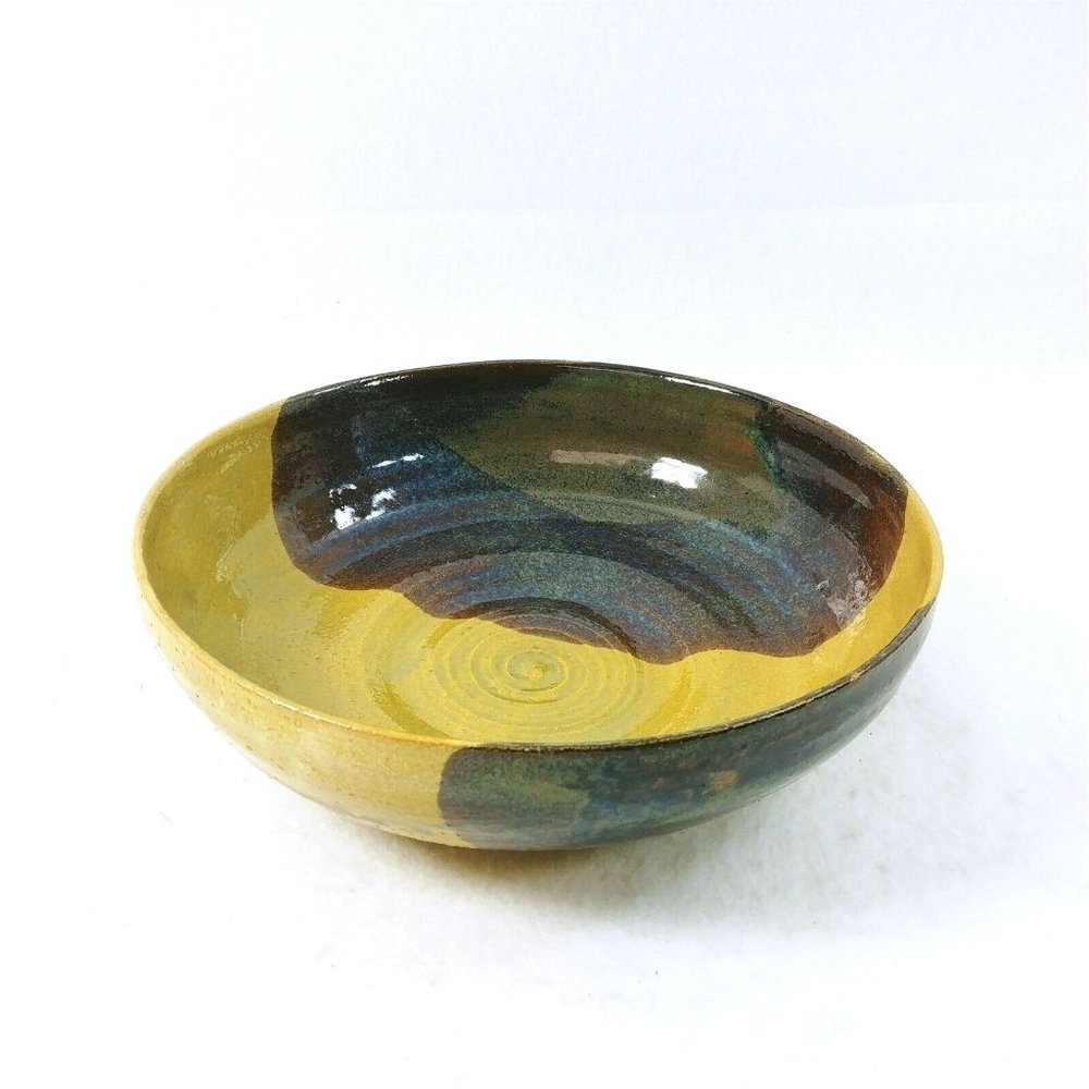 Pottery Bowl Brown Artist Initialed 4 of 4 Drip Glazed 9.5"